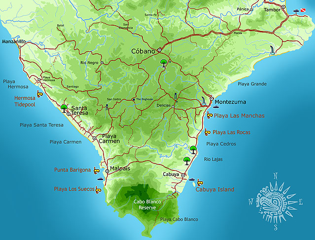 Map of snorkeling spots in the Southern Nicoya Peninsula, Costa Rica