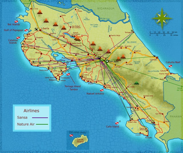 Map of Costa Rica Flights - Sansa and Nature Air