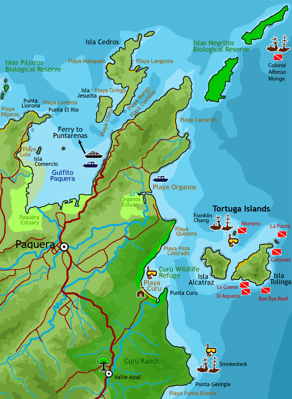 Map showing the coast, including Paquera, Playa Organos, Curu Park, and Tortuga Island