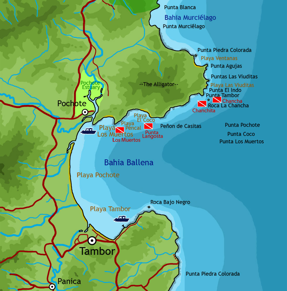 Map of ocean features and activities around Tambor and Bahia Ballena