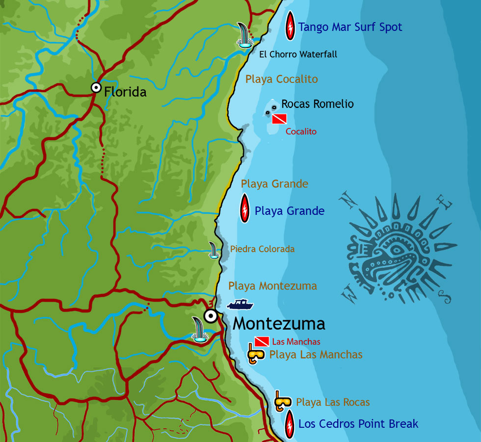 Map of Montezuma, Playa Grande, El Chorro, Playa las Manchas, etc