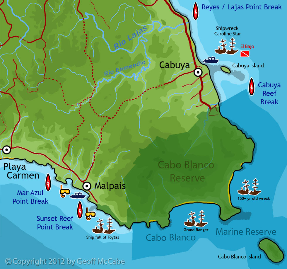 Map of coastal activites and points of interest for Cabuya, Cabo Blanco Park, and Malpais