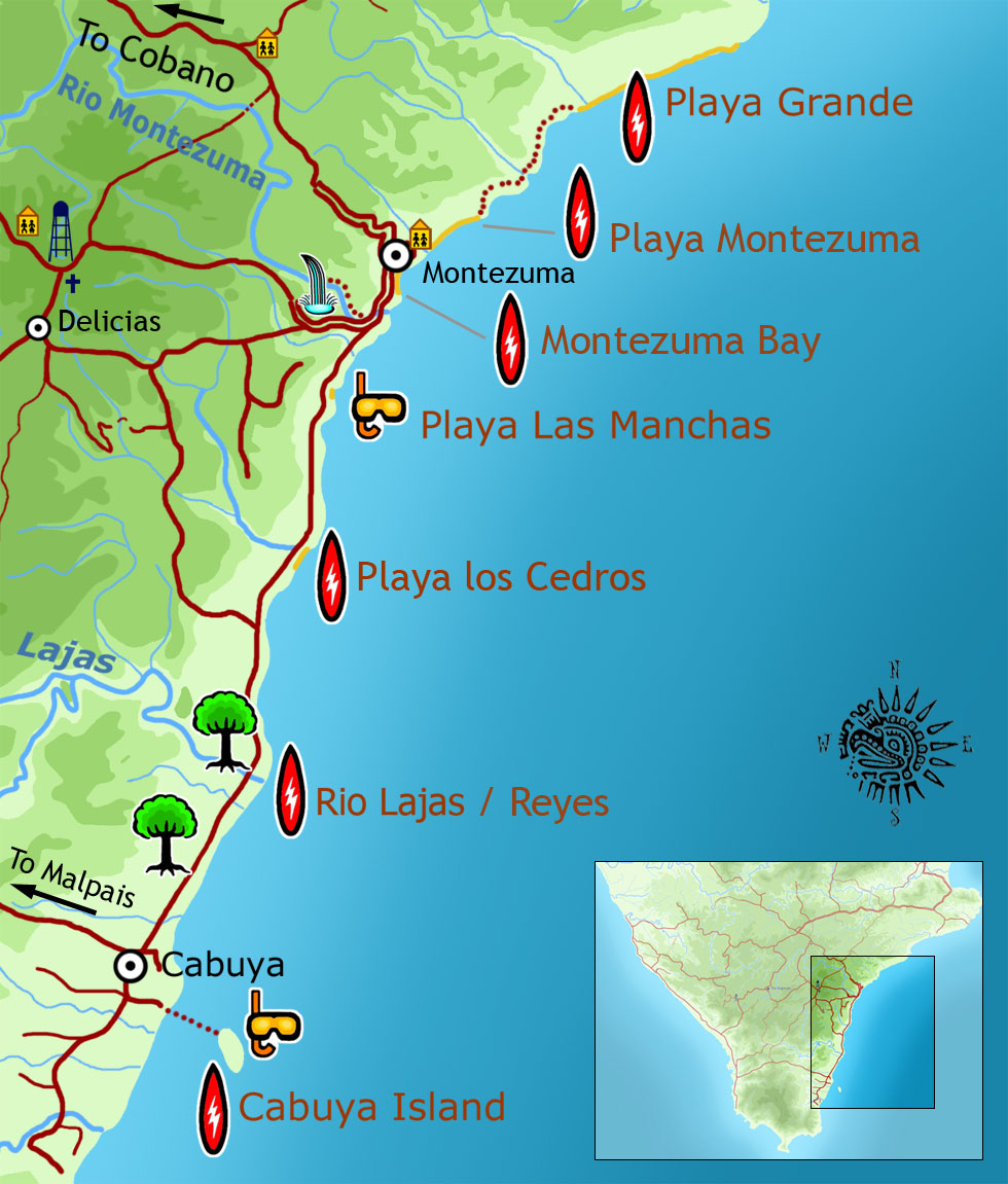 Map of Montezuma and Cabuya surf spots