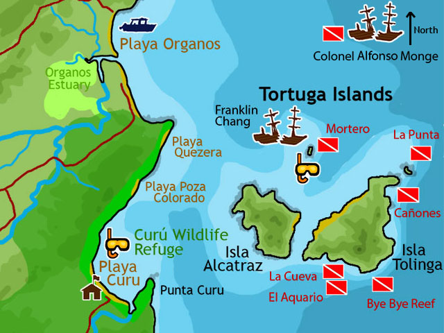 Map of Tortuga Island Scuba Diving Sites