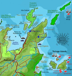 Paquera Map with nearby islands - guayabo and islas negritos biological reserves