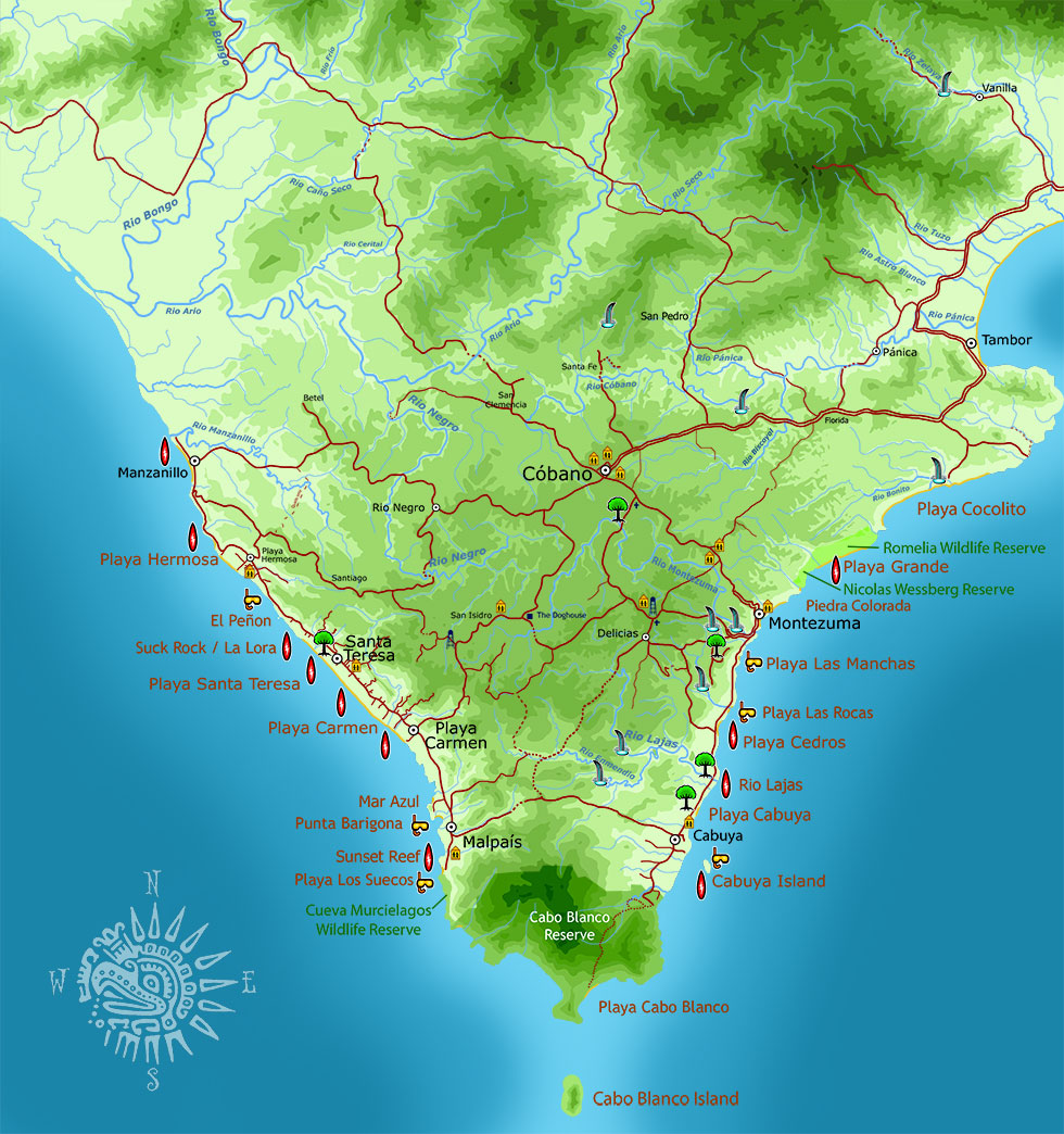 Map of the Southern Nicoya Peninsula of Costa Rica, Puntarenas Province